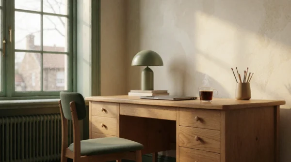 A quiet home office desk at dawn, the AJNEXA Pricing Calculator setting