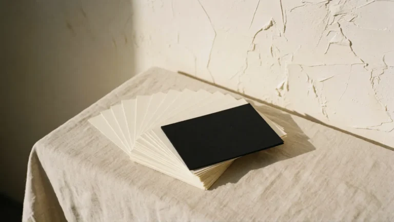 Cream cards fanned on linen with a black cover card, an illustration for pitch deck template