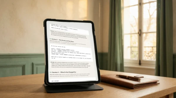 A freelance rate card template shown on a tablet, hourly and day rates section