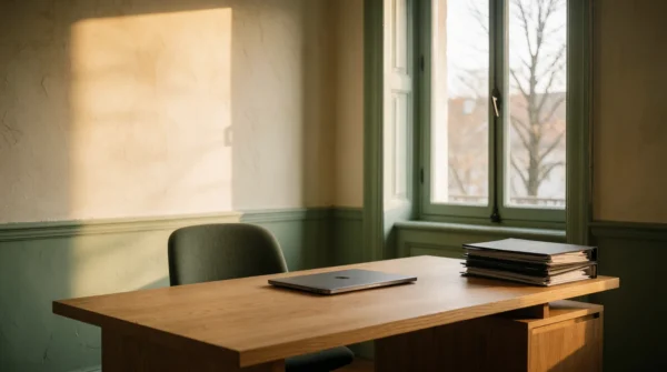 A consultant's desk in late afternoon, document folders squared on the corner
