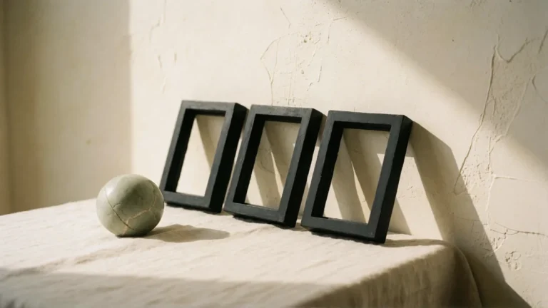 Three empty black frames leaning on a cream wall, an illustration for real estate ad creative