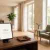 Couverture du Real Estate Prompt Pack sur une tablette dans un salon lumineux, clés sur un plateau de cuir — 50 prompts IA pour agents — AJNEXA