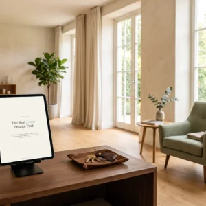 Couverture du Real Estate Prompt Pack sur une tablette dans un salon lumineux, clés sur un plateau de cuir — 50 prompts IA pour agents — AJNEXA