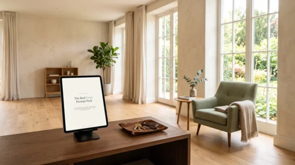 Couverture du Real Estate Prompt Pack sur une tablette dans un salon lumineux, clés sur un plateau de cuir — 50 prompts IA pour agents — AJNEXA