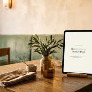 Couverture du Restaurant Prompt Pack sur une tablette, sur une table dressée — 50 prompts IA pour cafés et bistrots — AJNEXA