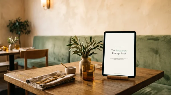 Couverture du Restaurant Prompt Pack sur une tablette, sur une table dressée — 50 prompts IA pour cafés et bistrots — AJNEXA